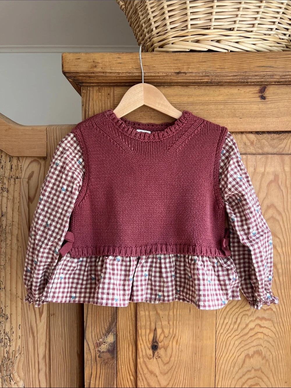 Zara | Girls' Burgundy Knit Peplum Top with Gingham Sleeves